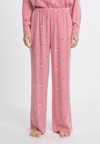 Rode en witte gestreepte pyjamabroek met een relaxte pasvorm, elastische tailleband en kleine, multicolore hondpatronen overal. Zachte stoftextuur.