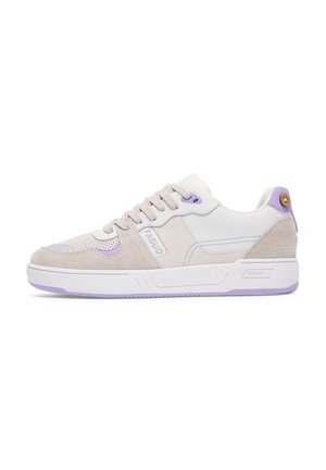 Sneakers with a white leather and light gray suede upper, purple accents, round laces, and a textured rubber sole. Features logo detail.