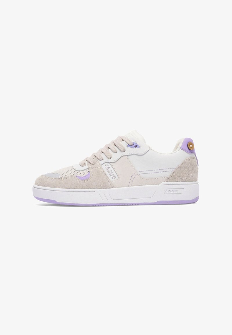 Sneakers met een bovenwerk van wit leer en lichtgrijs suede, paarse accenten, ronde veters en een gestructureerde rubberen zool. Bevat logo-details.