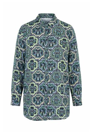 Langärmliges Hemd mit Knöpfen, versehen mit abstrakten Blumenmustern in Grün, Blau und Schwarz auf weißem Hintergrund.