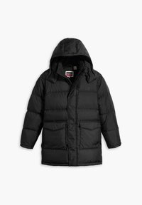 Giubbotto imbottito nero con cappuccio, dotato di chiusura con zip sul davanti, due tasche frontali e una morbida texture trapuntata. Etichetta del marchio visibile all'interno.