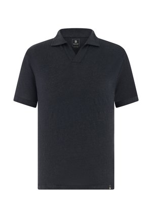 Black short-sleeve polo shirt with open collar and small brand label on bottom hem.