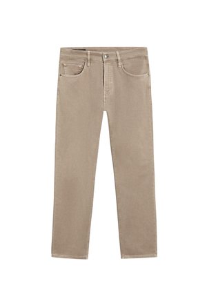 Beige Baumwolljeans mit geradem Schnitt, fünf Taschen und Reißverschluss. Verfügt über eine leicht ausgebleichte Textur und gesteppte Details.