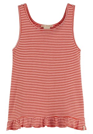 Rød og hvid vandret striped ærmeløs top med rund hals og flæsekant detalje.