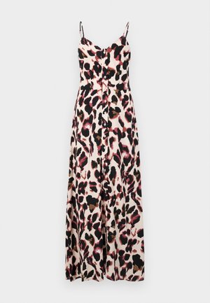 Maxikleid mit dünnen Trägern, das mit einem pinken und schwarzen Tiermuster gestaltet ist. Hergestellt aus leichtem Stoff, hat es eine lockere Passform und Knopfdetails.