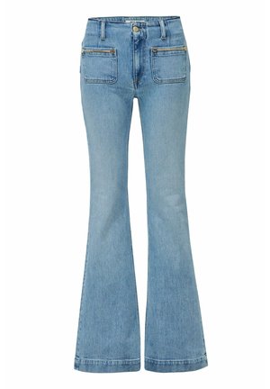 Hellblaue ausgestellt geschnittene Jeans aus Denim, mit zwei vorderen Taschen und zwei hinteren Taschen mit Reißverschlussakzenten. Eng am Oberschenkel, weiter Beinschnitt.