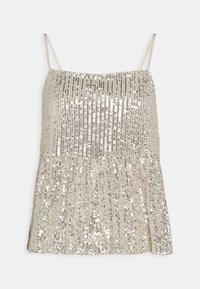 Top con paillettes e spalline sottili, caratterizzato da un design a peplum arricciato in tonalità di oro e argento. Tessuto liscio con superfici riflettenti.