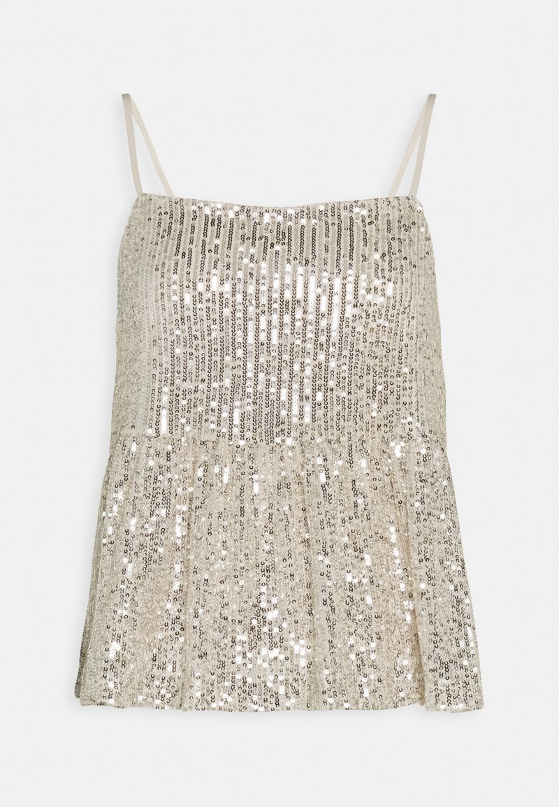 Top con paillettes e spalline sottili, caratterizzato da un design a peplum arricciato in tonalità di oro e argento. Tessuto liscio con superfici riflettenti.