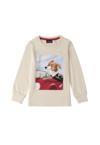 Camicia a manica lunga color crema con una grafica di un cane in una macchina rossa. Tessuto morbido, con scollo rotondo e polsini elasticizzati.