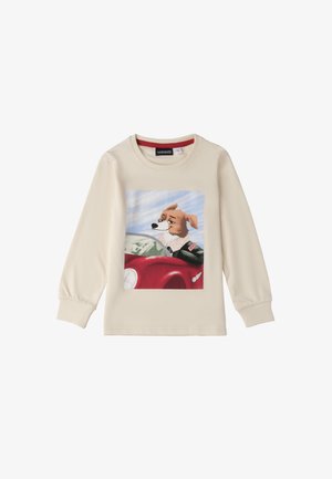 Camicia a manica lunga color crema con una grafica di un cane in una macchina rossa. Tessuto morbido, con scollo rotondo e polsini elasticizzati.