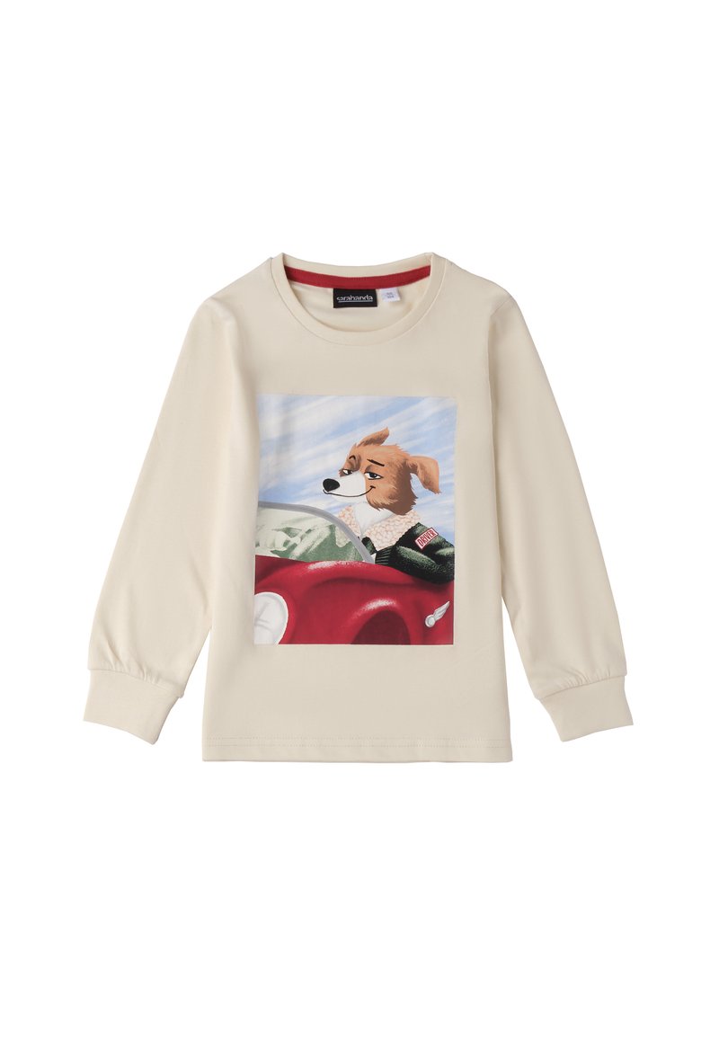 Camicia a manica lunga color crema con una grafica di un cane in una macchina rossa. Tessuto morbido, con scollo rotondo e polsini elasticizzati.