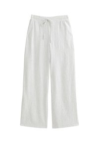 Witte, gestreepte wijde broek met een trekkoord in de taille. Gemaakt van lichtgewicht stof, met verticale lijnen en een relaxte pasvorm.