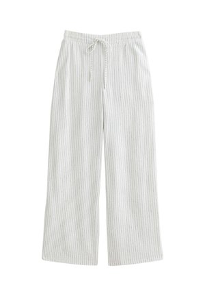 White, striped wide-leg pants with a drawstring waist. Made of lightweight fabric, featuring vertical lines and a relaxed fit.