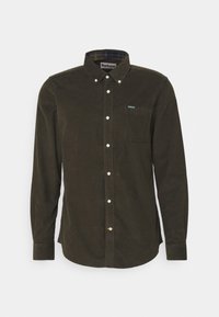 Dark green corduroy shirt with a button-down collar, long sleeves, a front pocket, and a checkered inner collar detail.