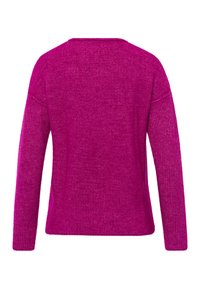 Fuchsia gestrickter Pullover mit langen Ärmeln und rundem Halsausschnitt, ausgestattet mit einer strukturierten Oberfläche. Die Rückansicht zeigt ein klares Design ohne Verzierungen.