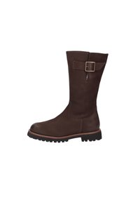Bota de cuero marrón oscuro hasta la mitad de la pantorrilla con hebilla lateral, suela cosida y suela de goma negra gruesa con dibujo, mostrada de perfil.