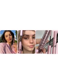 Mascara i en rosa tube med upphöjd text. Bilder på användare som applicerar mascara, som visar borste och produktdetaljer. Slät konsistens.