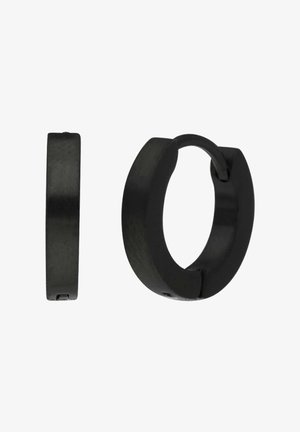 Zwarte hoepelring met een vlak profiel, gemaakt van metaal. Heeft een naadloos ontwerp met een lichte curve; gladde textuur zonder patronen.