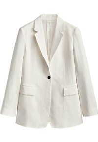 Valkoinen yksivetoknapillinen bleiseri, jossa on sahalaitaiset läppäkaulukset, pitkät hihat ja kaksi etutaskua, esitettynä yksinkertaista taustaa vasten.