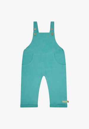Salopette turchese in cotone con spalline, bottoni in legno, due tasche frontali e risvolti alle caviglie.