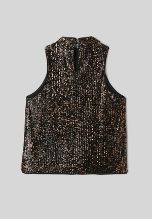 Haut sans manches noir orné de sequins en bronze et en argent, avec un col haut et une fermeture éclair au dos.