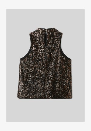 Haut sans manches noir orné de sequins en bronze et en argent, avec un col haut et une fermeture éclair au dos.