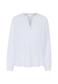 Hellblau-weiß gestreiftes Langarmshirt mit Rundhalsausschnitt und Frontleiste. Hergestellt aus einem weichen Stoff mit fließendem Design.