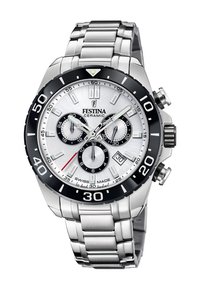 Montre en acier inoxydable argenté avec un cadran circulaire, une lunette noire, un cadran blanc, des sous-cadrans chronographes et un bracelet en métal flexible.
