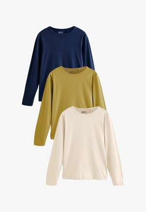 Kolm pika varrukaga T-särki: tumesinine, oliiviroheline ja kreemjas. Igaühel on ümmargune kaelus ja pehme, sile kangas.