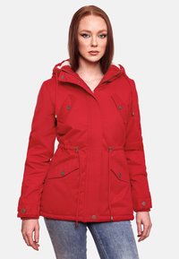 Red zip-up parka with a fur-lined hood, drawstring waist, and two front pockets. Features metal buttons and a smooth fabric texture.
