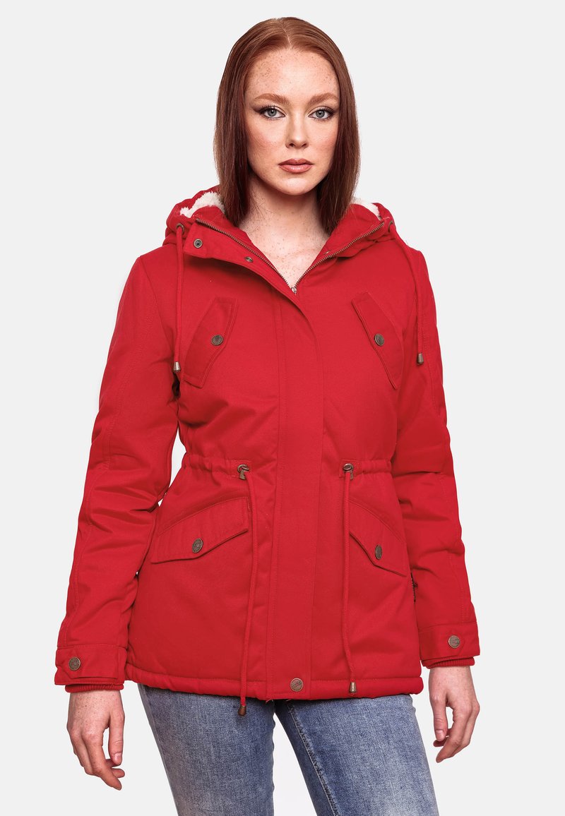 Red zip-up parka with a fur-lined hood, drawstring waist, and two front pockets. Features metal buttons and a smooth fabric texture.