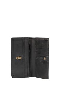 Portefeuille en cuir noir avec une texture lisse, comportant plusieurs emplacements pour cartes, un compartiment zippé et des fermetures en laiton.