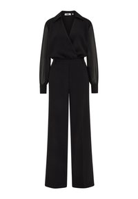 Čierny overál s dlhými priesvitnými rukávmi, so zavinovacím dizajnom a širokými nohavicami. Hladká textúra s priliehavým pásom.