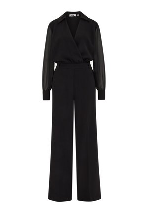 Černý overal s dlouhými průhlednými rukávy, designem s překrytím v přední části a širokými nohavicemi. Hladká textura a přiléhavý pas.