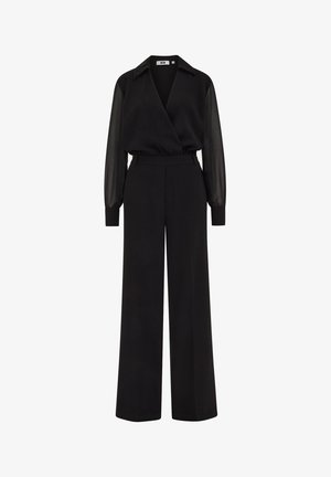 Musta haalari, jossa on pitkät läpinäkyvät hihat, rypistetty etuosan malli ja leveät lahkeet. Sujuva rakenne, jossa on tiukka vyötärö.