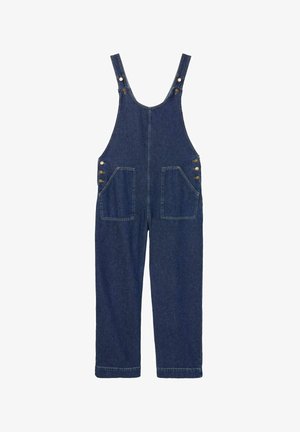 Dark blue denim overalls with wide straps, front pockets, and metal button closures on sides and straps.