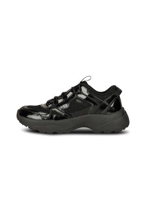 Black athletic shoes with a glossy patent finish, breathable mesh panels, thick black outsole, and elastic laces for secure fit.