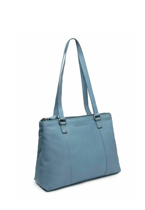 Sac à main en cuir bleu clair avec deux longues bretelles, fermeture éclair sur le dessus et détails de couture verticale à l'avant et à l'arrière.