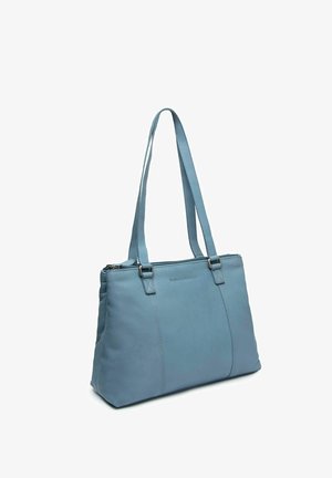 Hellblaue Lederhandtasche mit zwei langen Schulterriemen, oberem Reißverschluss und vertikalen Steppnähten vorne und hinten.