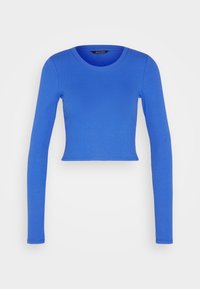 Blå långärmad ribbad crop top med rund halsringning, tillverkad av stretchigt material, med åtsittande ärmar och en slät yta.