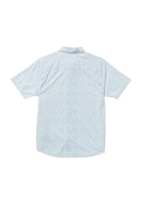 Light blue short-sleeve shirt featuring a subtle wave pattern, standard collar, and a straight hem. Cotton material with a smooth texture.