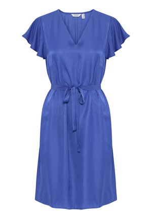 Blaues Kleid mit kurzen Rüschärmeln, V-Ausschnitt und einem Bindegürtel in der Taille. Verfügt über eine glatte Textur und einen knielangen Saum.