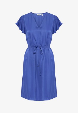 Vestido azul con mangas cortas acampanadas, escote en forma de V y un cinturón atado en la cintura. Presenta una textura suave y un dobladillo a la altura de la rodilla.