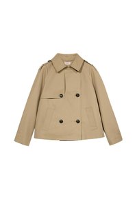 Beige Doppeltbreasted-Trenchcoat mit schwarzen Knöpfen, Klappentaschen und Spitzkragen. Aus glattem, strapazierfähigem Stoff mit taillierter Passform.