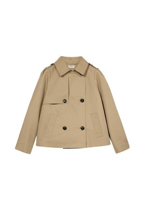 Beige dubbelzijdige trenchcoat met zwarte knopen, klepzakken en een notch-kraag. Gemaakt van soepel, duurzaam stof met een getailleerde pasvorm.