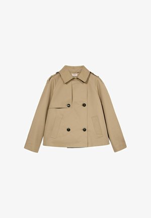Beige Doppeltbreasted-Trenchcoat mit schwarzen Knöpfen, Klappentaschen und Spitzkragen. Aus glattem, strapazierfähigem Stoff mit taillierter Passform.