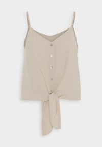 Débardeur beige à fines bretelles, encolure en V, cinq boutons sur le devant et un nœud noué à l'ourlet. Texture de tissu lisse.
