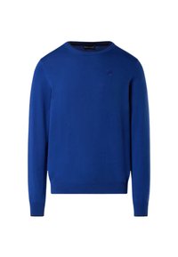 Maglione blu a collo rotondo realizzato in morbido tessuto, con maniche lunghe, polsini e orlo a coste, e un piccolo logo sul petto.