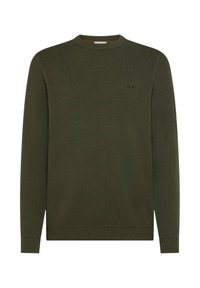 Maglione a maglia verde scuro con texture, maniche lunghe, collo rotondo, polsini e orlo a coste, e un piccolo logo nero sul lato sinistro del petto.