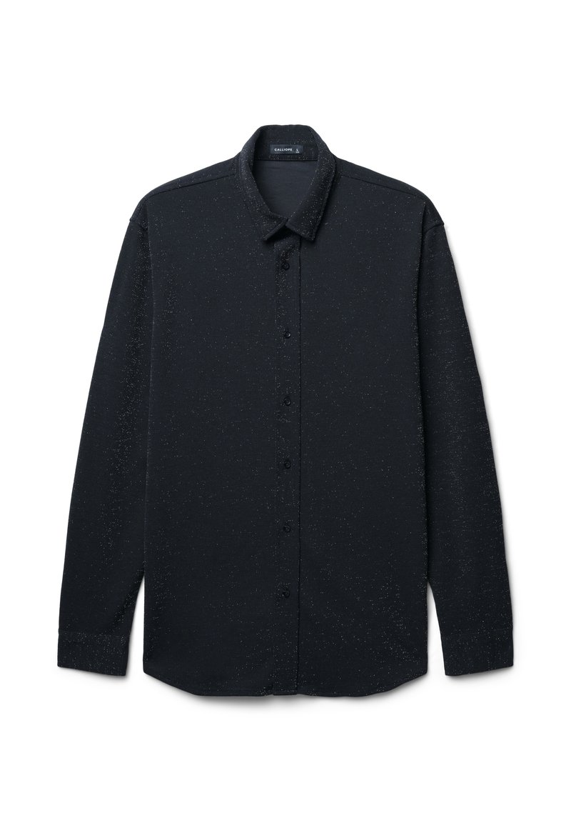 Schwarzes Langarmhemd mit leicht strukturierter Textur, Knopfverschluss vorne, Kragen und Manschetten; aus einem weichen Stoff gefertigt.